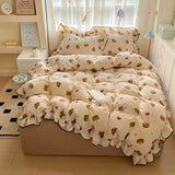 2025 new cream lace girl powder grid Korean version bed four-piece set washed cotton double-layer yarn quilt cover dormitory