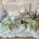 4Pcs Vintage Carved Velvet Lace Ruffles Princess Wedding Bedding Set Queen King Duvet Cover Set Fitted/Flat Sheet Pillowcases