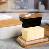 Simple Ceramic Butter Dish with Bamboo Cover Butter Knife Rectangular Sealed Jar Western Cheese Butter Box Storage Jar Tableware