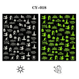 3D Luminous Nail Stickers Decals Black White Spider Web Skull Alien Planet Glow In The Dark Halloween Manicure Foils Tattoo Tips