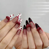 10pcs New Year Handmade Long French Oval Press on Nails with 3D Red Bowknot Lace Design False Nails Wearable Acrylic Fake Nails