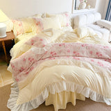3/4Pcs French Romantic Lace Printed Ruffle Bedskirt Queen Size Quilt Cover Princess Style Boiled Cotton Double Bedding Set