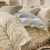3/4Pcs Vintage French Fresh Floral Lace Ruffles 100% Cotton Bedding Set Duvet Cover Bed Skirt/Bed Sheet/Fitted Sheet Pillowcases