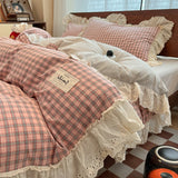 Korean Style Princess Lace Ruffles 100% Cotton Bedding Set Plaid Style Duvet Cover Set Bed Sheet Pillowcases 4Pcs