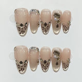10Pcs Autumn Handmade Press on Nails Brown Leopard Print Design False Nail French Rhinestone Artificial Ballet Wearable Manicure