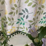 Bird Foliage Imitation Hemp Window Curtain Green Ball Pendant Lace Leaf Pattern Short Curtain Decorate  Living Room Curtain