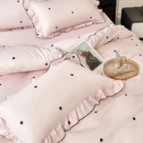 Korean Pink Heart Duvet Cover Sets For Girls New Blue Dot Ruffles Bedding Sets 4PCS Queen Size for Bedroom Guest Room