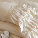 French Vintage Lace Ruffles Pure Cotton Princess Bedding Set Duvet Cover Bed Skirt Bedspread Pillowcases Queen King Size 4Pcs
