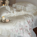 Flowers Embroidery Lace Ruffles Wedding Bedding Set Lyocell Silky Cooling Duvet Cover Set Flat/Fitted Bed Sheet Pillowcases 4Pcs