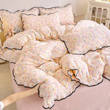 Heart Print Duvet Cover Set Princess Style Lace Ruffles Bedding Set Queen King Skin Friendly Soft Quilt Cover Sheet Pillowcases