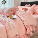 Korean Princess Style Lace Ruffles Wedding Bedding Set Seersucker Washed Cotton Soft Duvet Cover Set Bed Sheet Pillowcase 3/4Pcs