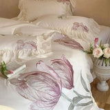 1200TC Egyptian Cotton Flowers Embroidery Lace Ruffles Princess Bedding Set Duvet Cover Flat/Fitted Bed Sheet Pillowcases 4Pcs