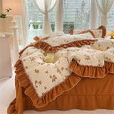Fashion Flower Bedding Set Bed Sheet Cute Princess AB Double Sided Ruffle Flower Quilt Cover Pillowcase Bedclothes Home Textiles