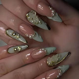 24Pcs 3D Green Ripple Design False Nails Cat's Eye French Almond Fake Nail Tips Leaves Pattern Removable Oval Press on Nails