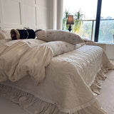 Flowers Prints Pleated Ruffles Princess Bedding Set 100% Cotton Double Layer Yarn Duvet Cover Quilted Bedspread Pillowcases 4Pcs