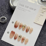 10Pcs Short Handmade Press on Nails Full Cover Rhinestone Fake Nails Gentle Design Artificial Wearable Manicure Nail Tips Autumn