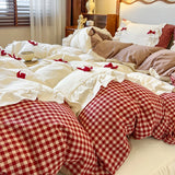 100% Cotton Korean Princess Style Bow Plaid Lace Ruffles Patchwork Bedding Set Duvet Cover Set Bed Skirt Bedspread Pillowcases