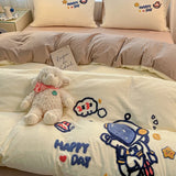 Cute Cartoon Pattern Embroidered Soft Bedding Sets Cozy Breathable Fitted Sheet Kit Kids Adults Bedroom Decor for Spring Summer