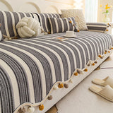Stripe Chenier Sofa Cushion with Fur Balls Irregular Anti-Slip Sofa Cover for Living Room Cozy Wear-Resistant Couch Slipcover