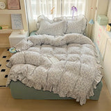 2025 new cream lace girl powder grid Korean version bed four-piece set washed cotton double-layer yarn quilt cover dormitory