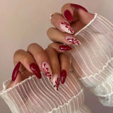 24pcs Pink Almond False Nail Art Datachable Cute Cherry Bow Design Nails Sets Press on Mid-length French Fake Nails Tip Finished