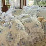 Vintage Lace Ruffles Rose Print Pure Cotton Bedding Set Duvet Cover Set 1.4M/1.5M/1.6M/1.8M/2M Bed Skirt Bedspread Pillowcases