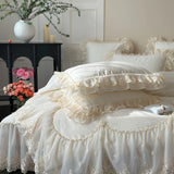 Pink Egyptian Cotton Princess Bedding Sets Luxury Chiffon Lace Embroidery Ruffles Duvet Cover Bed Sheet Pillowcases