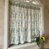 Bird Foliage Imitation Hemp Window Curtain Green Ball Pendant Lace Leaf Pattern Short Curtain Decorate  Living Room Curtain