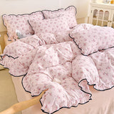 Heart Print Duvet Cover Set Princess Style Lace Ruffles Bedding Set Queen King Skin Friendly Soft Quilt Cover Sheet Pillowcases