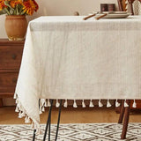 Cotton Linen Striped Tassel Tablecloth Household Rectangular Dust-Proof Tablecloth Suitable For Kitchen Dinning Tabletop Decor