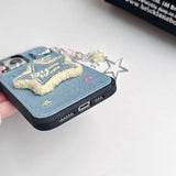 Embroidery Stars Jean Cloth Denim Case For iPhone 12 13 14 15 Pro Max 11 Phone Case with Star Pendant Keychain Soft Back Cover