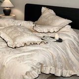 Luxury Egyptian Cotton Flowers Jacquard Bedding Set Vintage Ruffle Duvet Cover Black Piping, Bed Sheet/Fitted Sheet Pillowcases