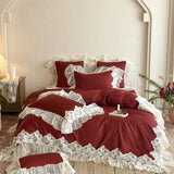 100S Egyptian Cotton Princess Wedding Bedding Set Lace Floral Embroidery Chiffon Ruffle Duvet Cover Bed Sheet Pillowcases 4Pcs