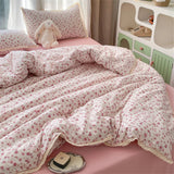 INS Girls Cherry Soft Bedding Set Washed Cotton Bed Sheet Queen King Size Duvet Set Flower Comforter Set Pillowcase Bed Linens