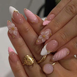 Almond Press on Fake Nails 3D Ripple Star False Nails Blue Smudge Detachable Full Cover Nails Tips 3D Shell Pearl Acrylic Nail