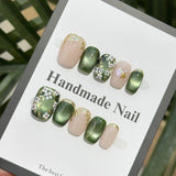 10pcs Short Coffin Press on Nails Shiny Green Cat Eye Nail Hand Paint Mini Flower Fake Nails Pearl Gold Foil Enamel False Nails