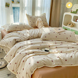 INS Girls Cherry Soft Bedding Set Washed Cotton Bed Sheet Queen King Size Duvet Set Flower Comforter Set Pillowcase Bed Linens