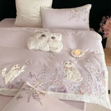 60S Egyptian Cotton Cute Cat Embroidery Purple Floral Butterfly Bedding Set Duvet Cover Bed Sheet/Fitted Sheet Pillowcases 3/4Pc