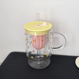 High Borosilicate Glass Star Straw Cup Household Transparent Large Capacity Drinking Cup for Girls with Lid and Handle Straw Cup