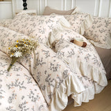 3/4Pcs Vintage French Floral Ruffles Knitted Cotton Double Yarn Soft Skin-friendly Bedding Set Duvet Cover Bed Sheet Pillowcases