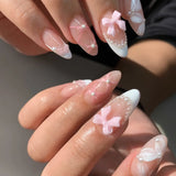 24pcs Valentine French False Nails Wine Red Heart-shaped Bow Fake Nails with Diamond Decors Press on Nails Full Cover Wearable