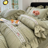 Korean Princess Style Lace Ruffles Wedding Bedding Set Seersucker Washed Cotton Soft Duvet Cover Set Bed Sheet Pillowcase 3/4Pcs