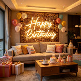 Happy Birthday LED Neon Sign Warm White USB Powered Wall Light Birthday Party Decor for Cake Shop Home Photo Backdrop Aesthetic Hanging Lamp