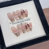 Meidum Coffin French Fake Nails with Glue Handemade Press on Nail with Cat Eye Design Bowknot Pearl Luxury Pink Nails Full Cover
