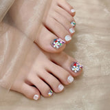 10pcs Wearable Handmade False Toenails Art White Short Square Fake Nail Tips Flower Design Full Cover Nail Simple Press on Nails