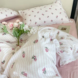 Princess Floral Bedding Set Lace Trim Rose Elegant Romantic For Women Girl Flat Fitted Sheet With Pillowcases Soft Washed Cotton