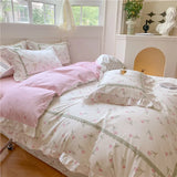 4Pcs Korean Princess Style Floral Ruffles 100% Cotton Bedding Set Queen King Size Duvet Cover Bed Sheet/Fitted Sheet Pillowcases