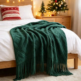 Luxury Chunky Knit Throw Blanket Soft Cozy Cable Knitted with Tassels Winter Warm Nordic Home Decor Blanket Christmas Green Gift
