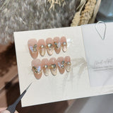 10pcs Medium Oval Fake Nails 3D Butterfly Pearl Design French Press on Nails Full Cover Glittter Cat Eye Diamond False Nail Tips