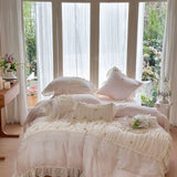 800TC Lyocell Bamboo Fiber Soft Silky Cooling Bedding Set Pink Romantic Lace Ruffles Duvet Cover Flat/Fitted Sheet Pillowcases